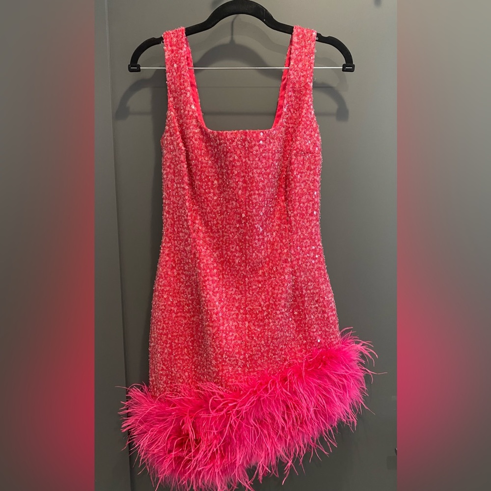 Nadine Merabi Evie beaded and feather hot pink dress